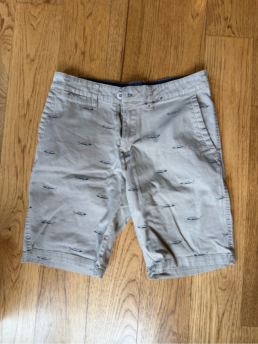 Men’s Light Khaki colored Shark print shorts, Rugby University
